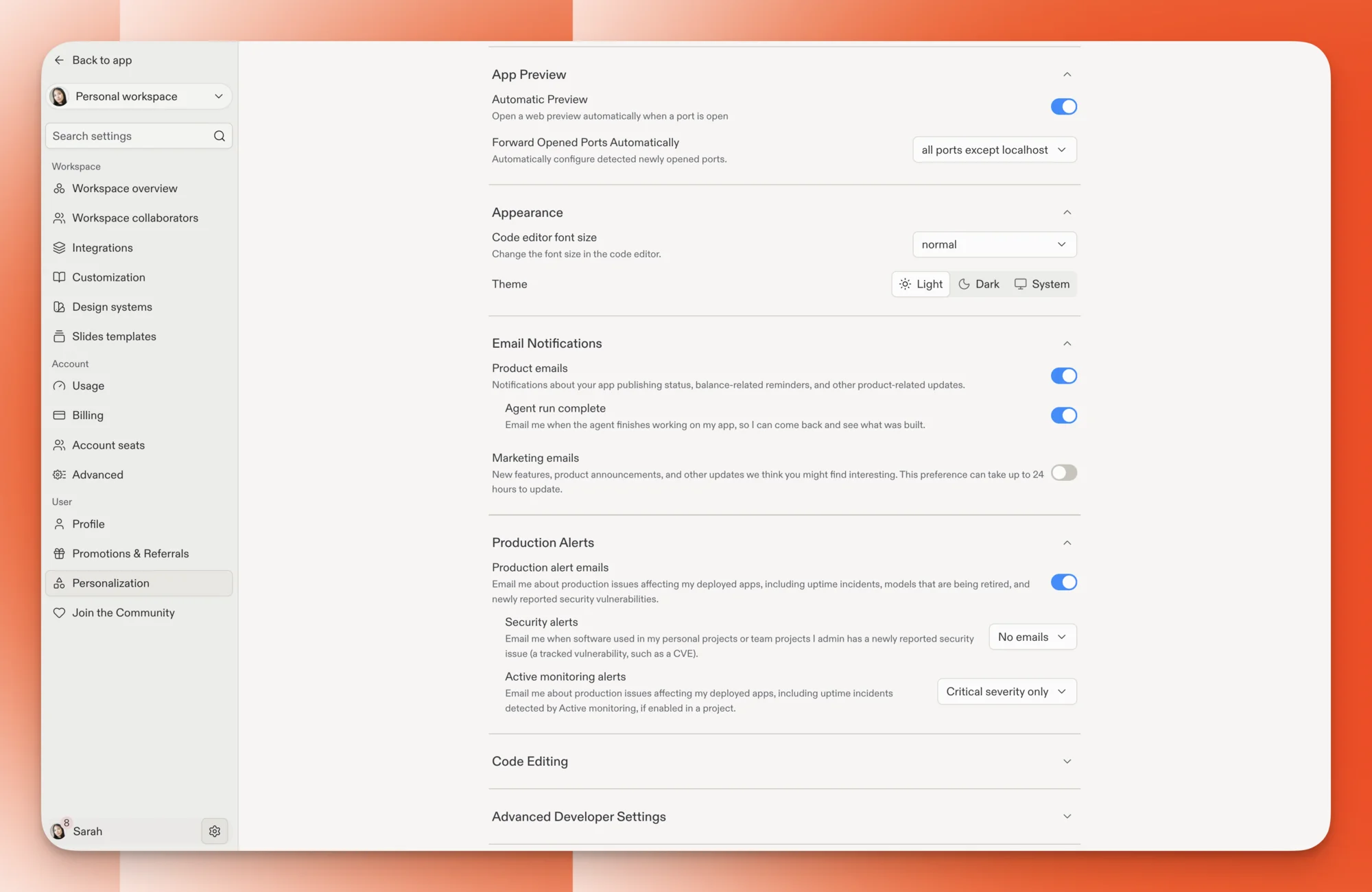 Full-page Settings with a sidebar listing Workspace, Account, and User sections and a Search settings field, showing App Preview, Appearance, Email Notifications, and Production Alerts options.
