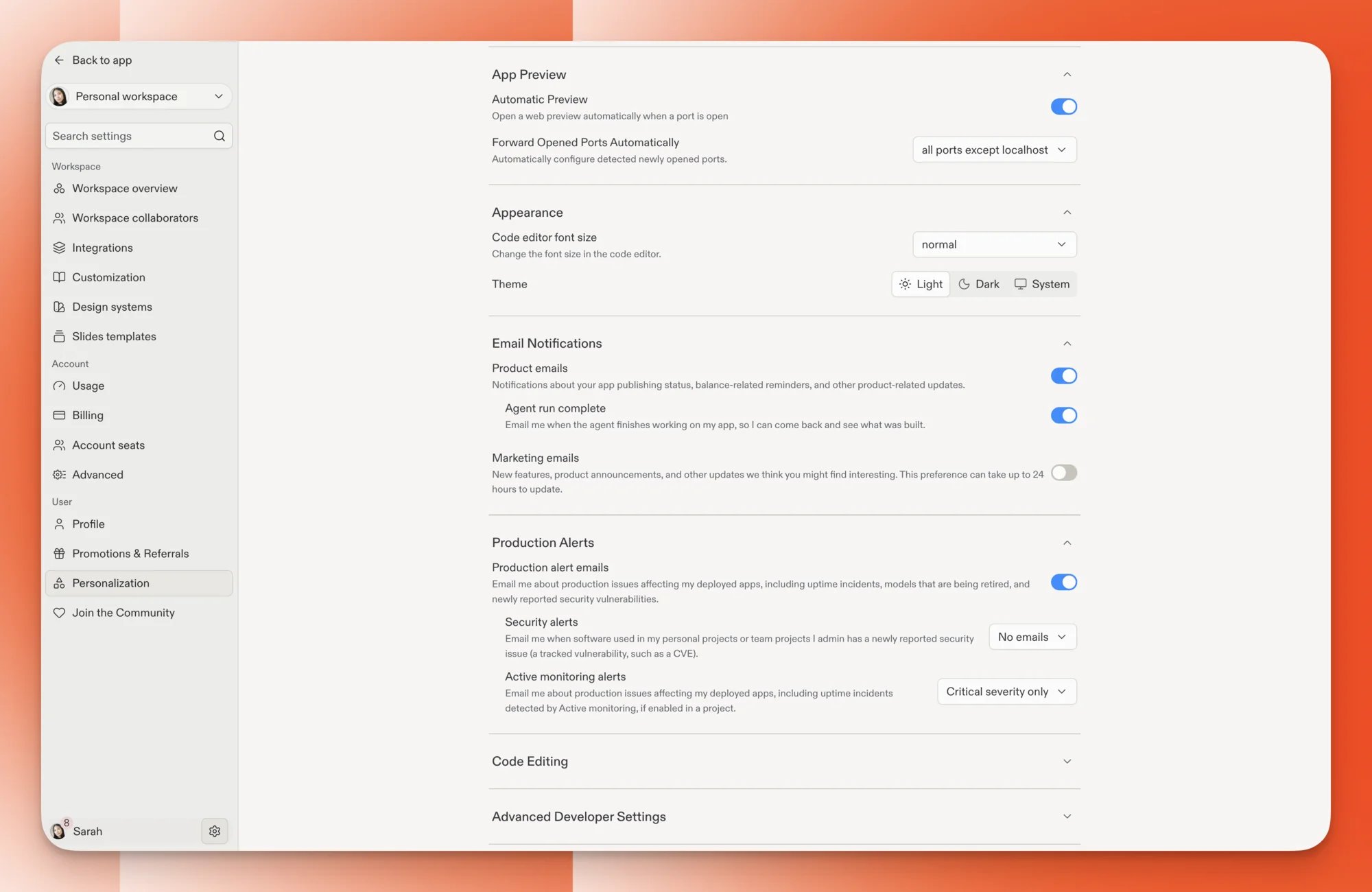 Full-page Settings with a sidebar listing Workspace, Account, and User sections and a Search settings field, showing App Preview, Appearance, Email Notifications, and Production Alerts options.