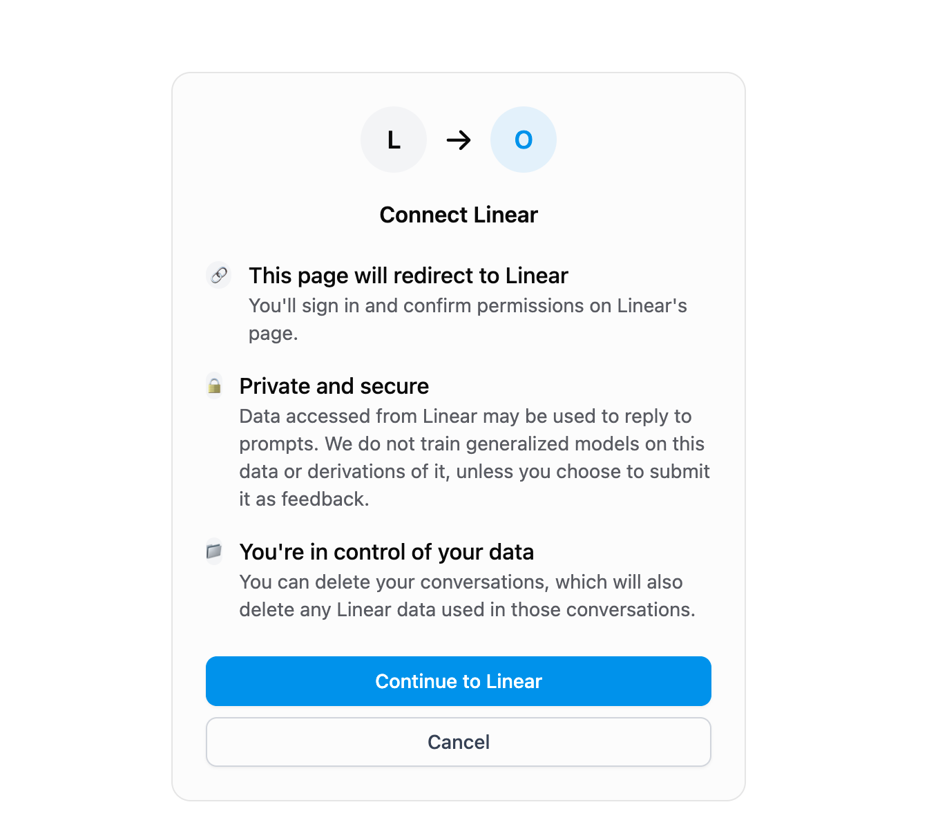 OAuth authentication flow showing the Linear connection dialog with privacy and security information, explaining data usage and user control