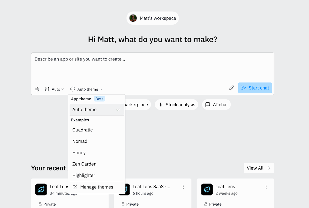 Selecting a theme when creating a new app