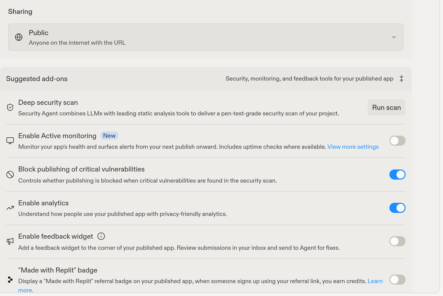 Publishing settings with the Sharing selector and Suggested add-ons for security scans, active monitoring, analytics, and the feedback widget