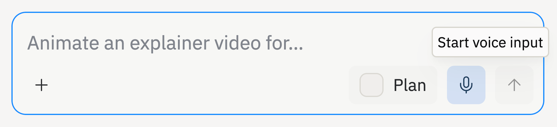 The Agent chat box with the microphone button highlighted and a 'Start voice input' tooltip, next to the Plan checkbox and the send arrow