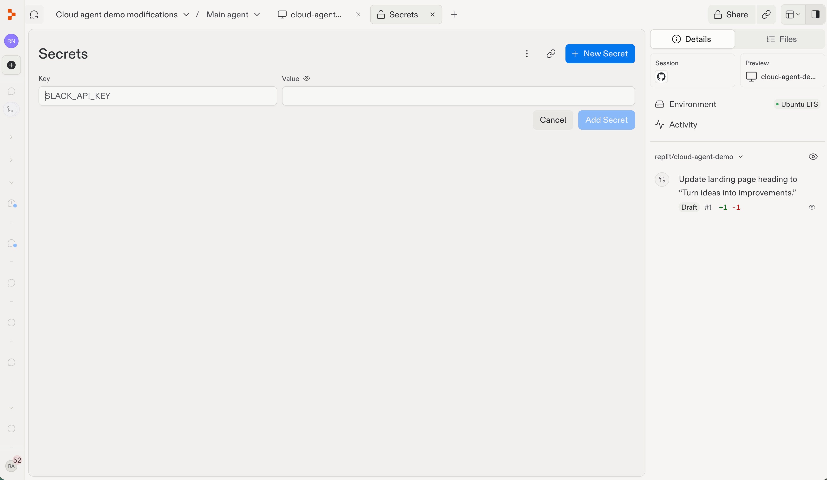 The New Secret form with Key and Value fields and an Add Secret button.