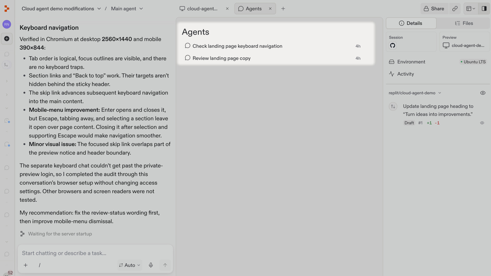 The Agents tab lists worker chats for keyboard navigation and landing-page copy.