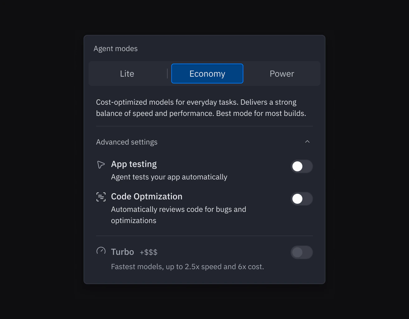 Agent modes dropdown with Economy selected and Advanced settings expanded
