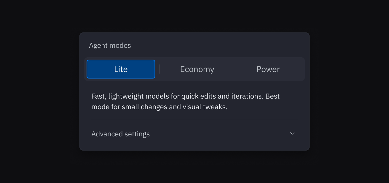 Agent modes dropdown with Lite selected