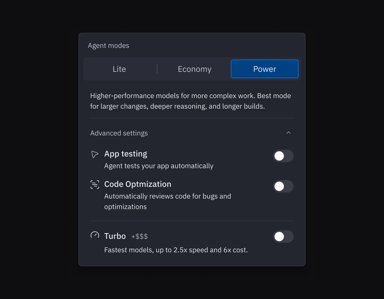Agent modes dropdown with Power selected and Advanced settings expanded