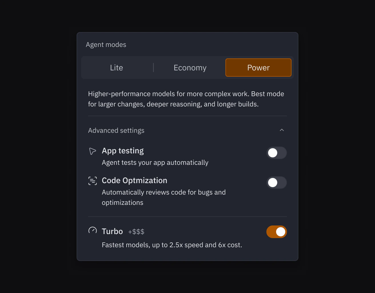 Agent modes dropdown with Power selected and Turbo enabled in Advanced settings