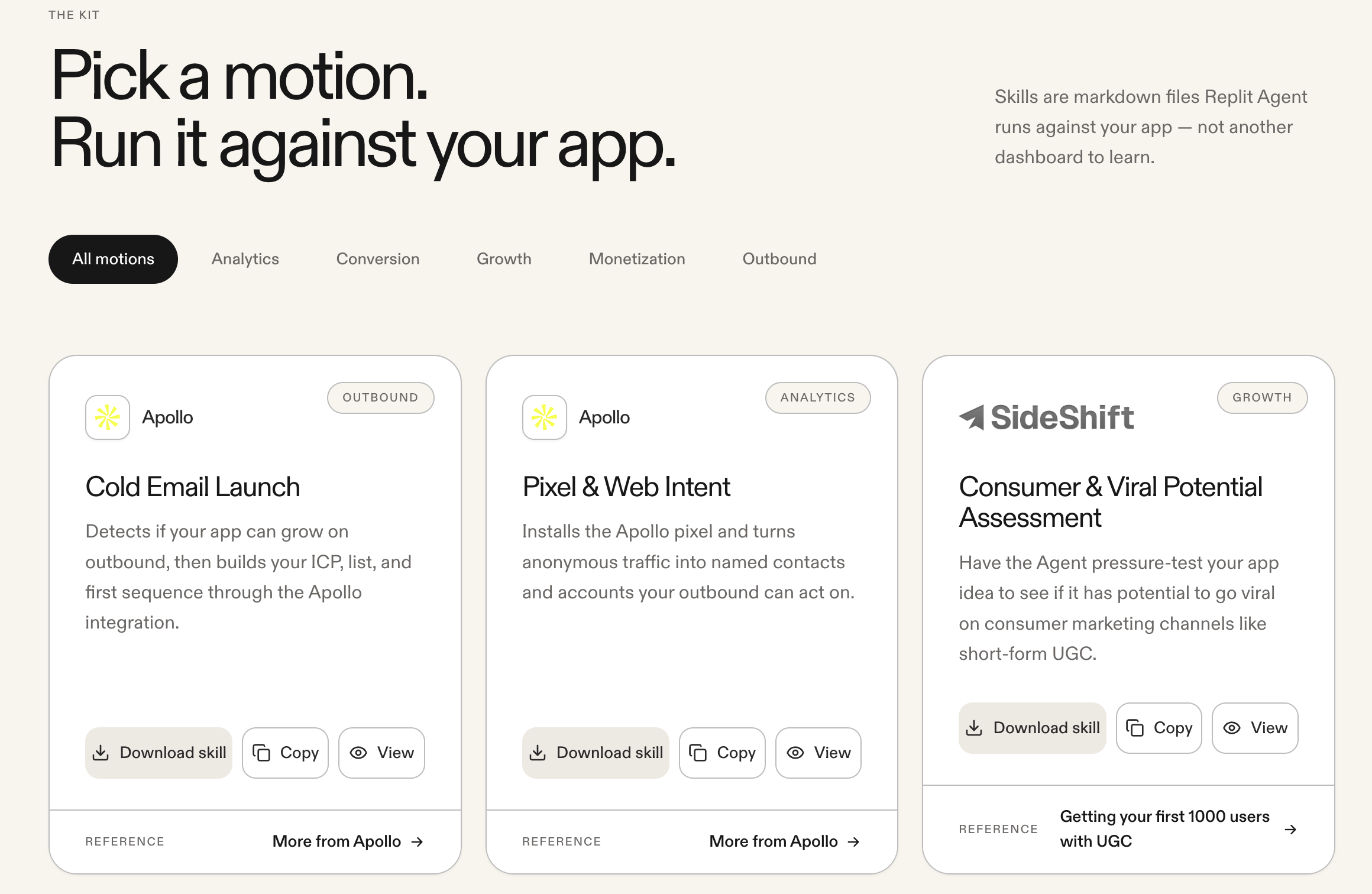 Growth Skills catalog showing Apollo Cold Email Launch and Pixel and Web Intent motions alongside a SideShift Consumer and Viral Potential Assessment motion