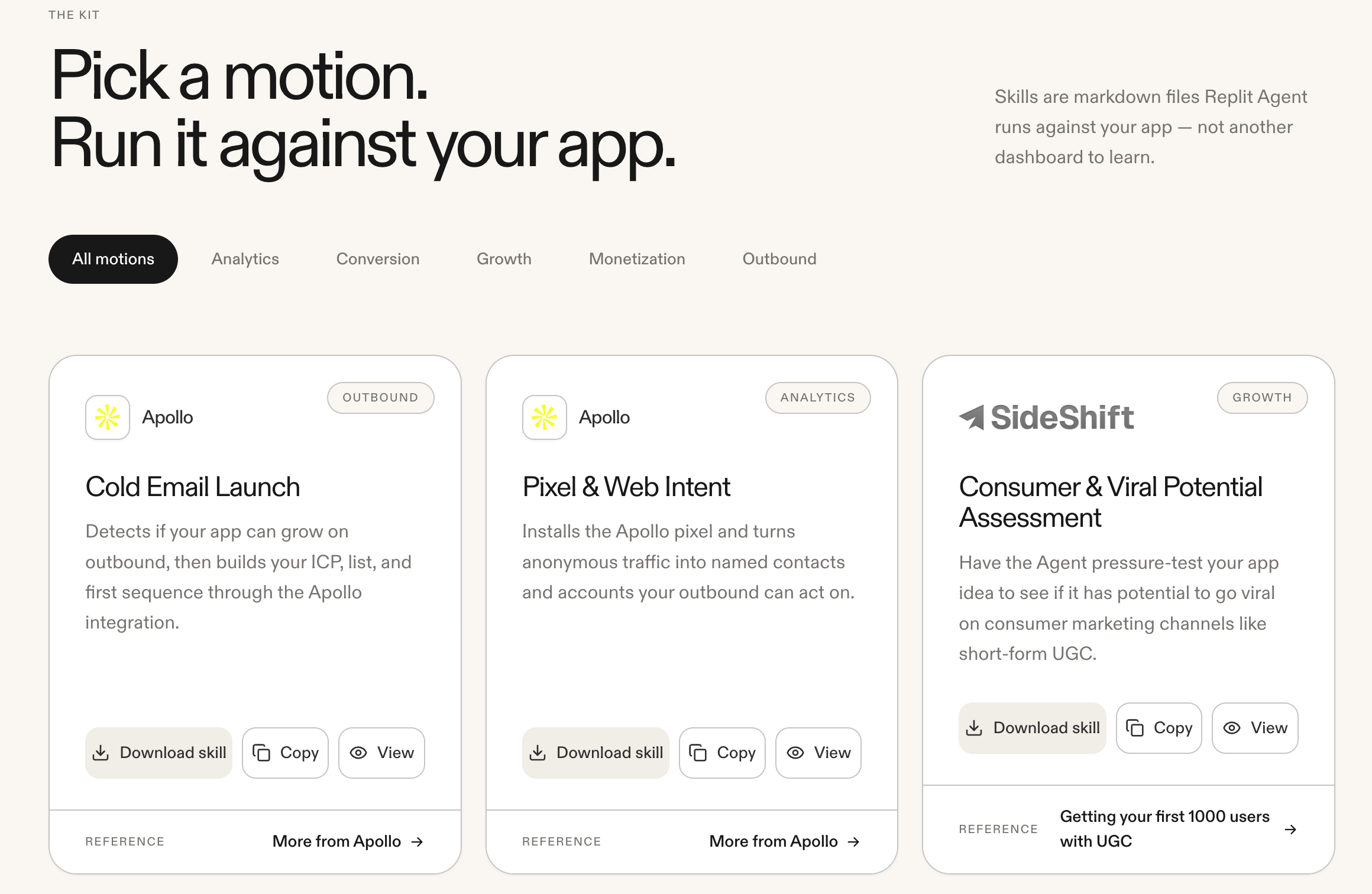 Growth Skills catalog showing Apollo Cold Email Launch and Pixel and Web Intent motions alongside a SideShift Consumer and Viral Potential Assessment motion
