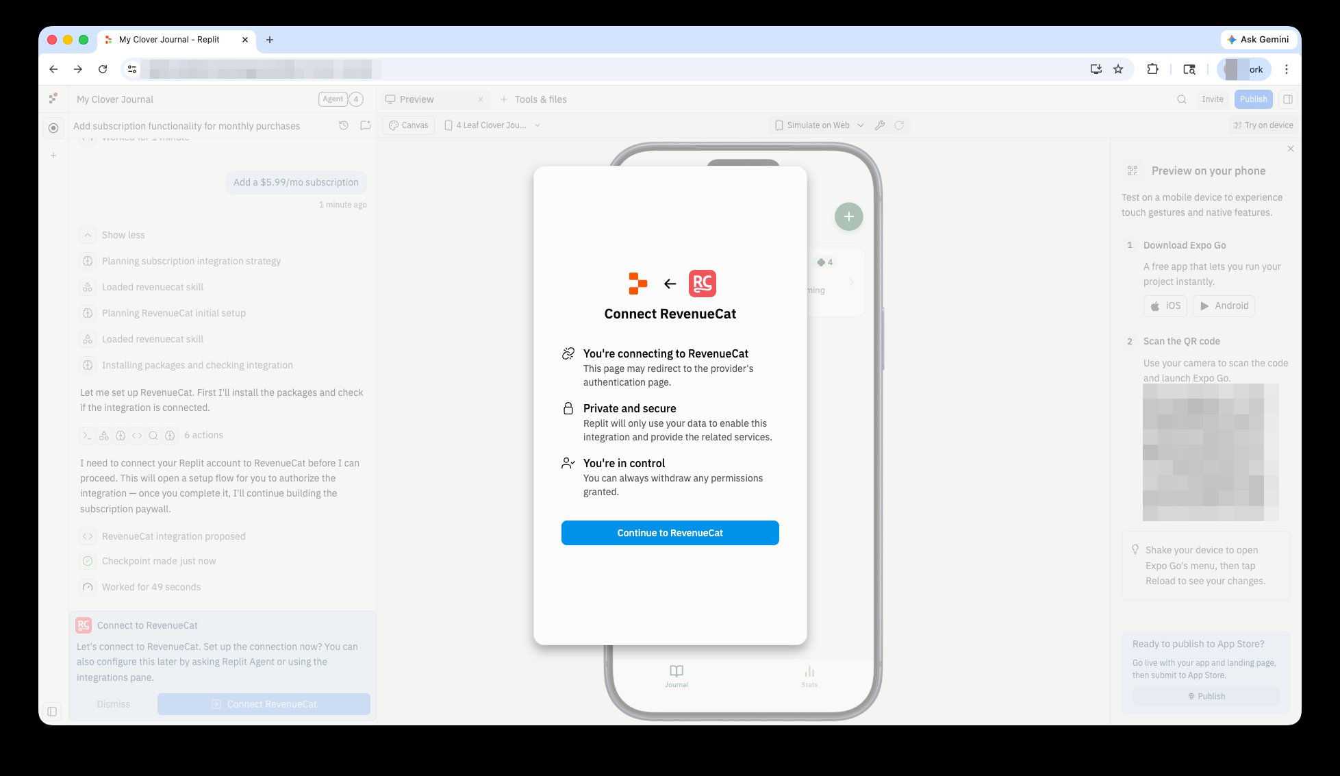 Connect RevenueCat modal showing privacy and security information