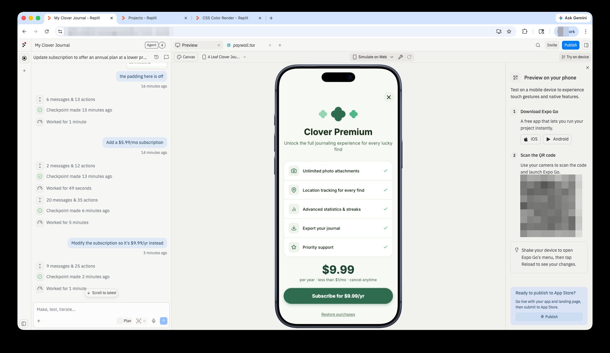 Replit Project Editor showing Agent modifying the subscription price from monthly to yearly