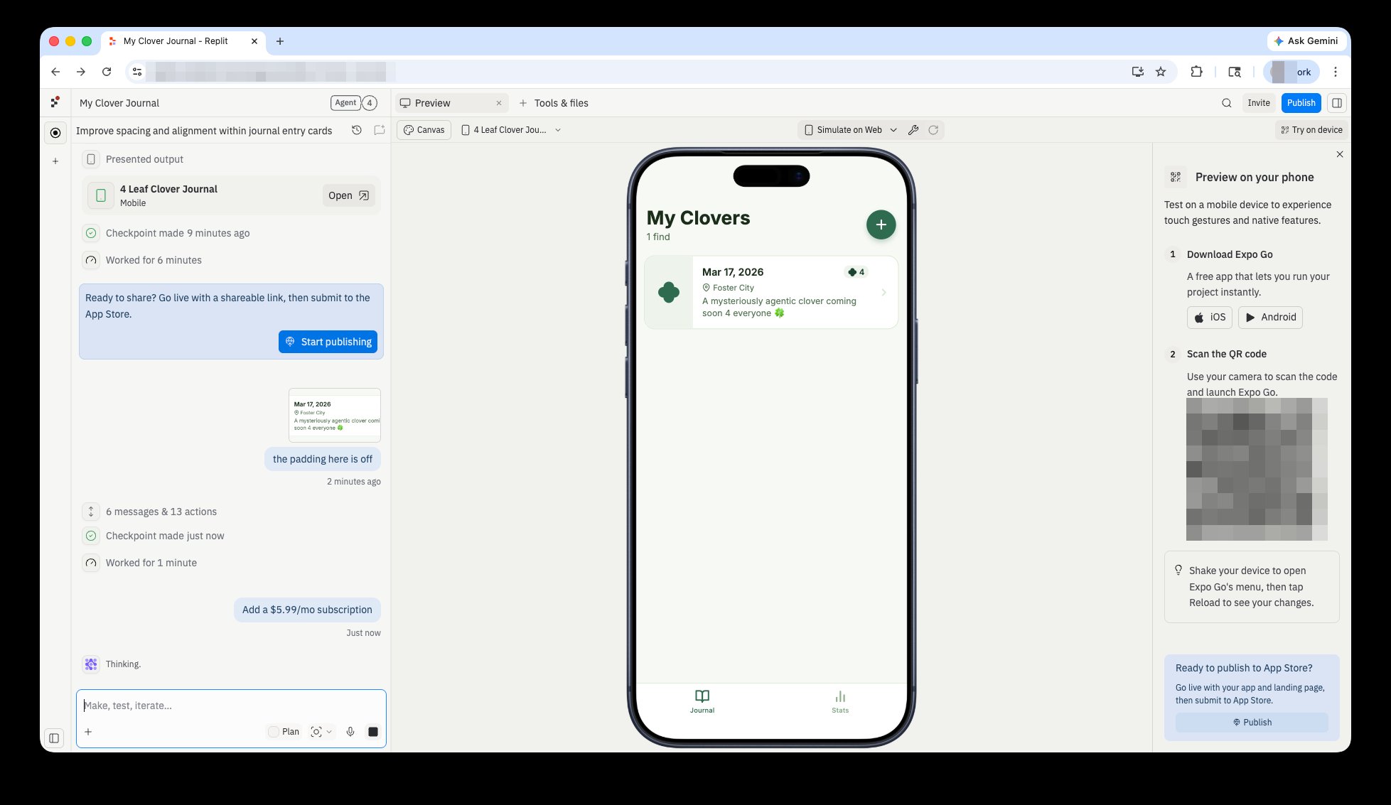 Replit Project Editor showing Agent responding to a prompt to add a subscription