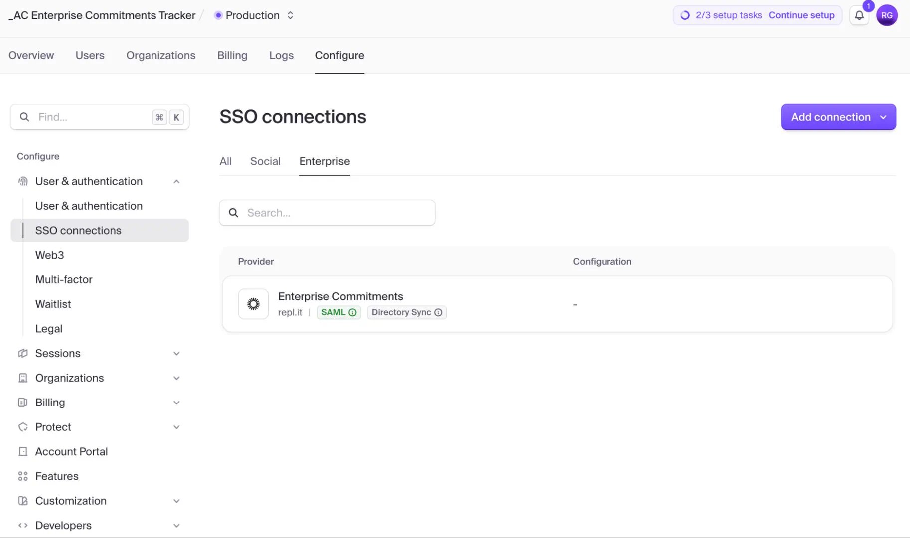 Clerk Dashboard Enterprise SSO connections page
