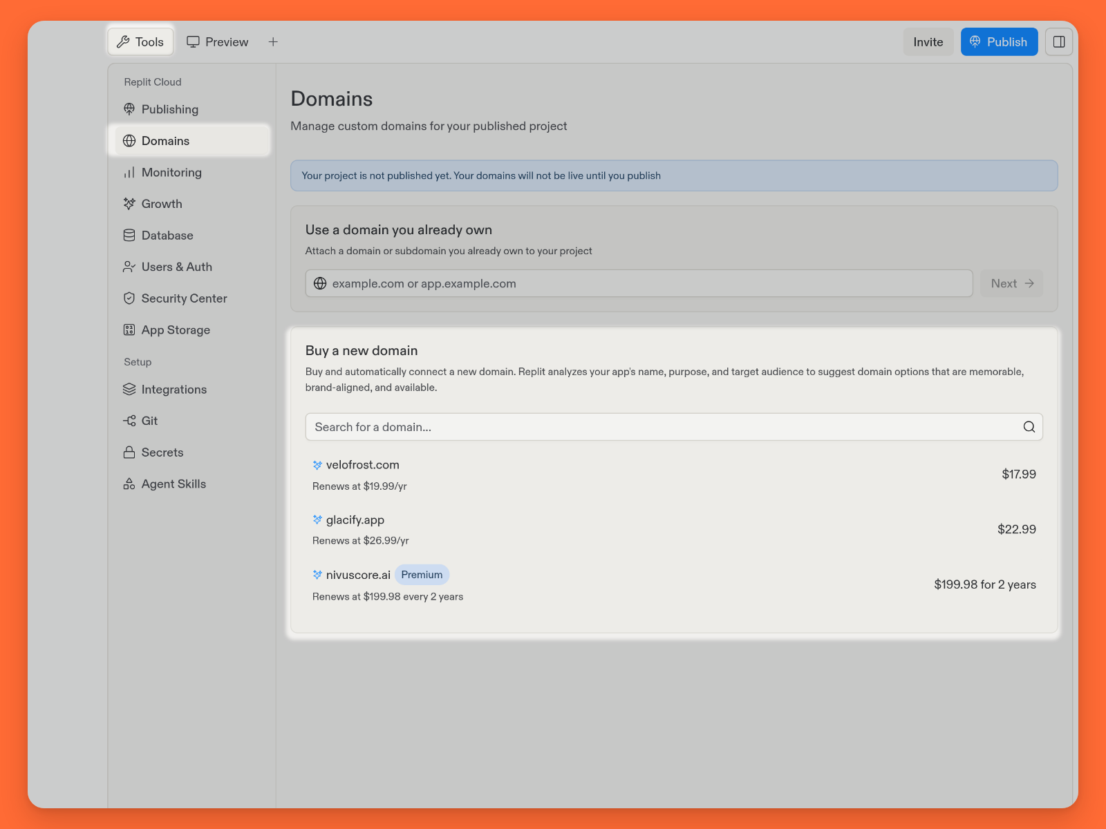 Tools navigation with Domains selected and the Buy a new domain search and recommendations emphasized