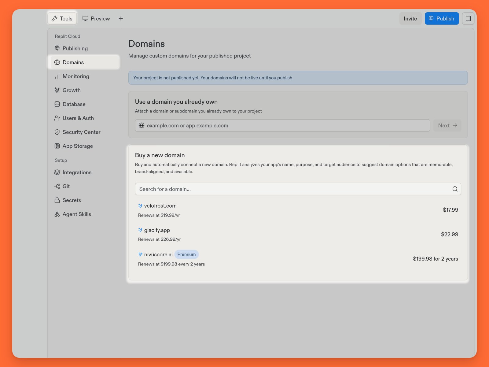 Tools navigation with Domains selected and the Buy a new domain search and recommendations emphasized
