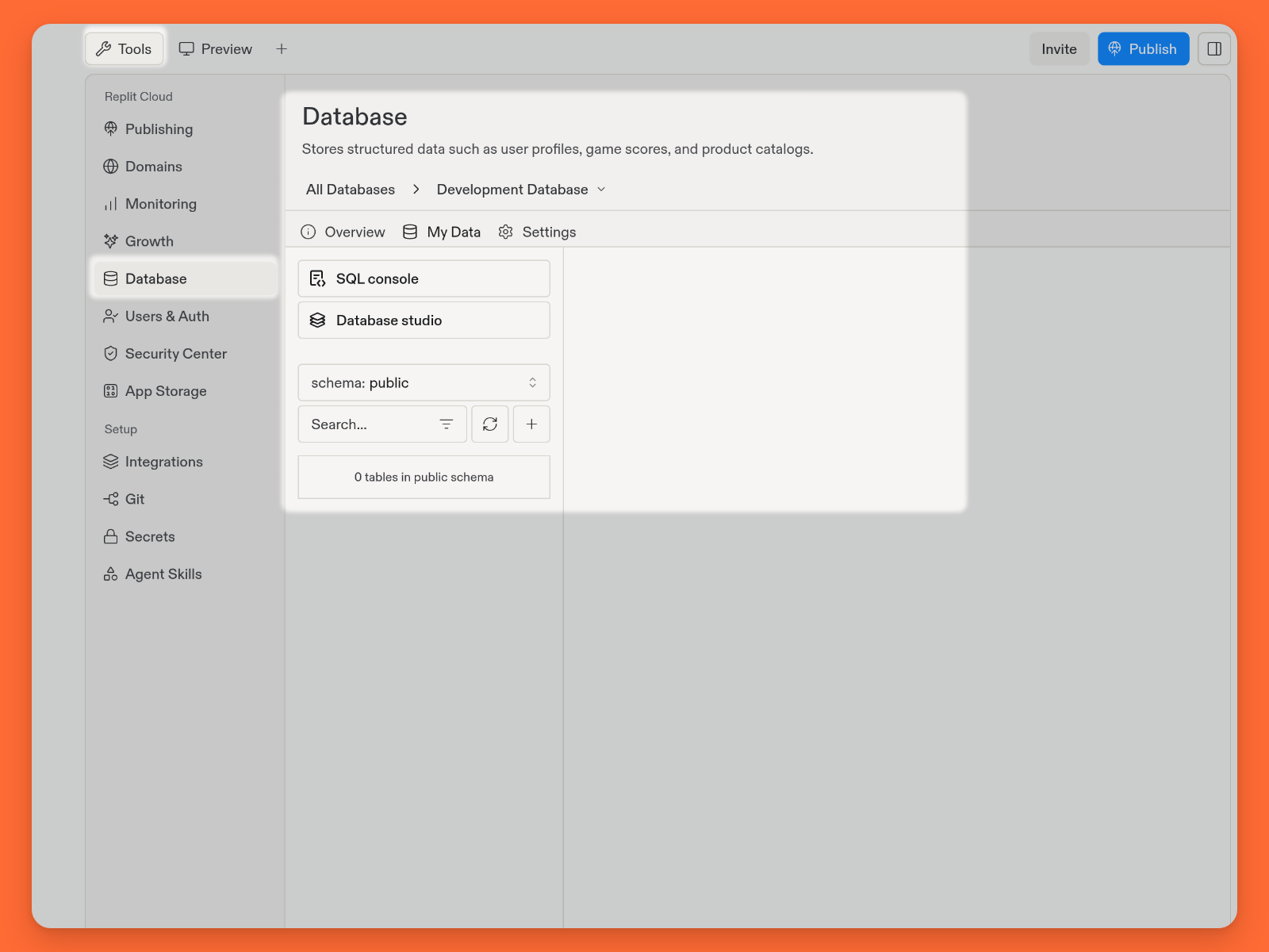Database selected under Replit Cloud, with Development Database, My Data, SQL console, Database studio, and an empty public schema