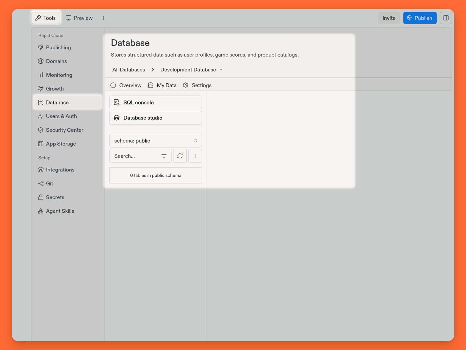 Database selected under Replit Cloud, with Development Database, My Data, SQL console, Database studio, and an empty public schema