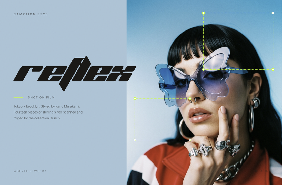 Replit-generated editorial slide for a 'Reflex' SS26 jewelry campaign by @bevel.jewelry, showing a model wearing oversized blue butterfly-shaped sunglasses next to a stylized wordmark and a short campaign description.