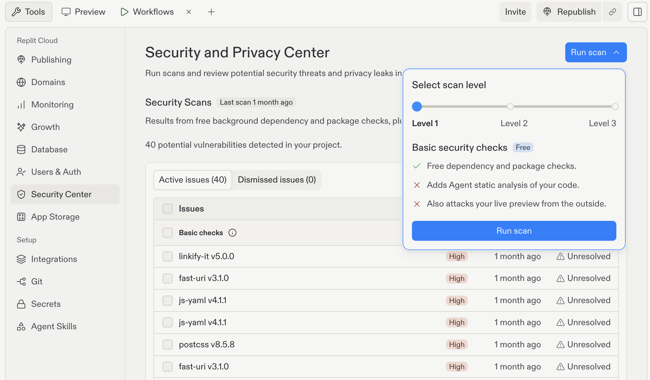 Scan selector with Level 1 selected, Basic security checks labeled Free, and only dependency and package checks enabled