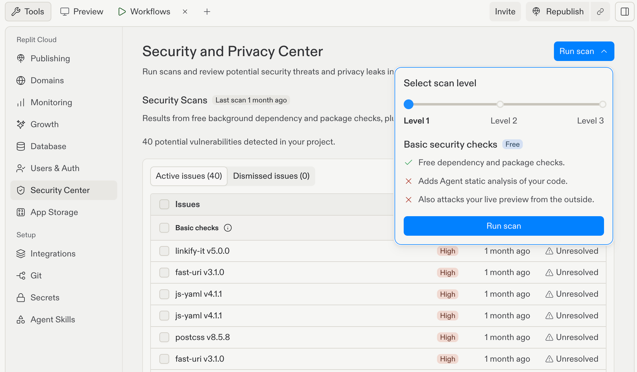 Scan selector with Level 1 selected, Basic security checks labeled Free, and only dependency and package checks enabled