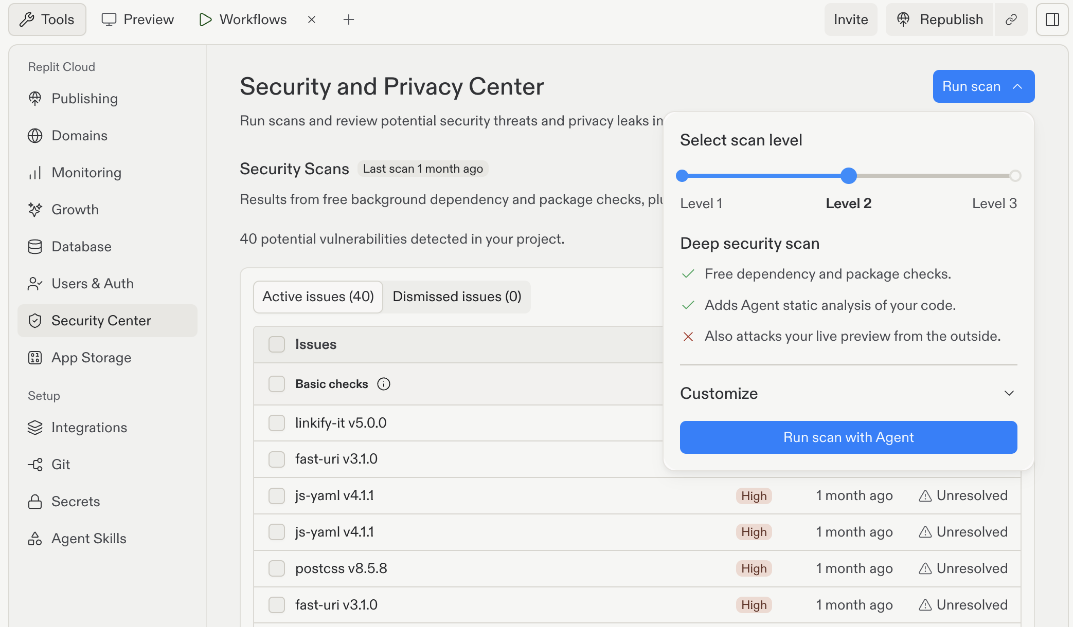 Scan selector with Level 2 Deep security scan selected, dependency and code checks enabled, Customize collapsed, and a Run scan with Agent button