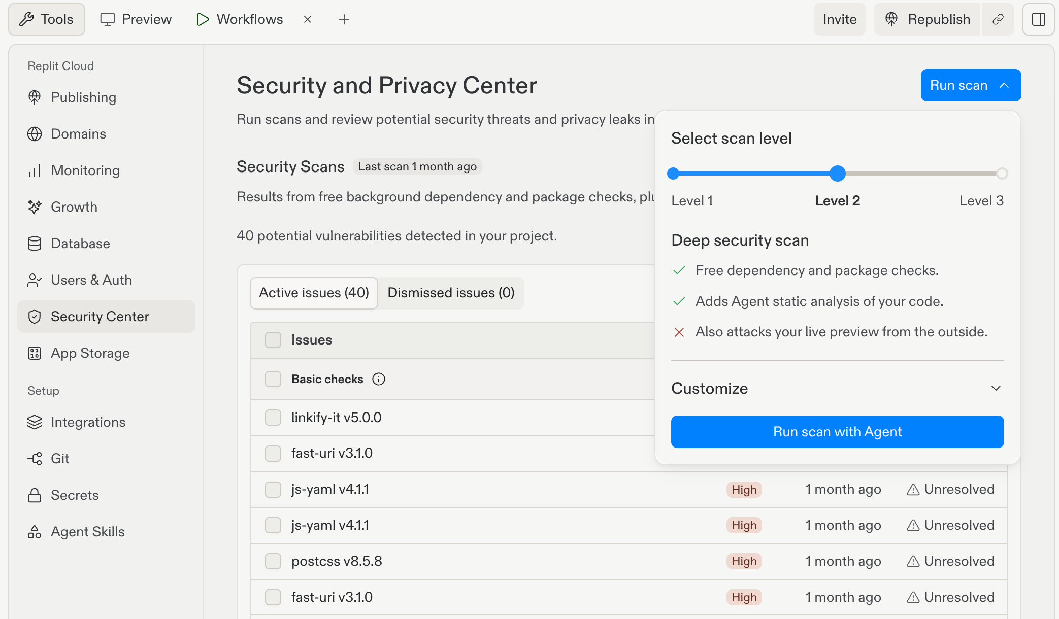 Scan selector with Level 2 Deep security scan selected, dependency and code checks enabled, Customize collapsed, and a Run scan with Agent button