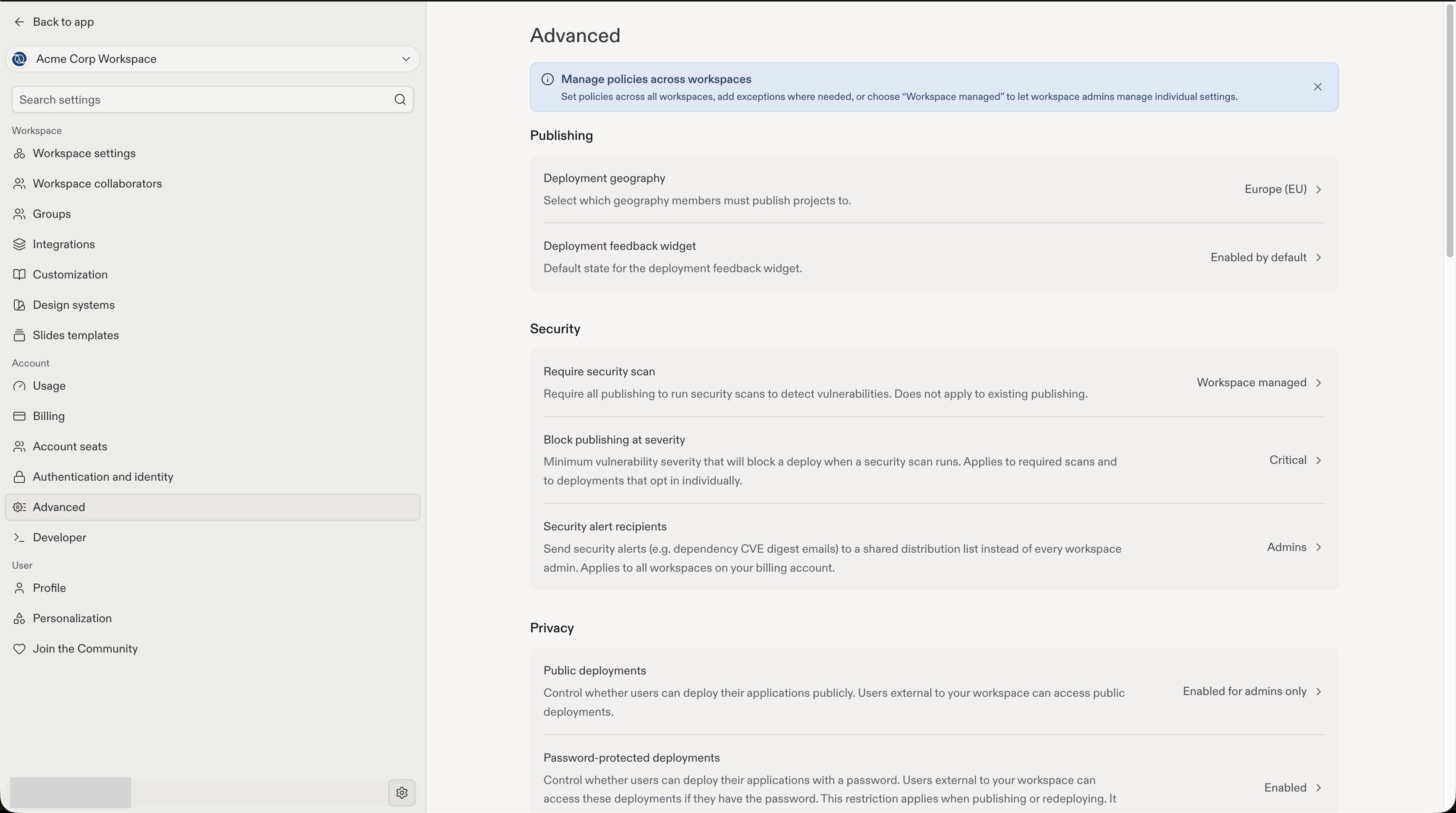 Full Advanced settings page and navigation, showing account publishing, security, and privacy policies