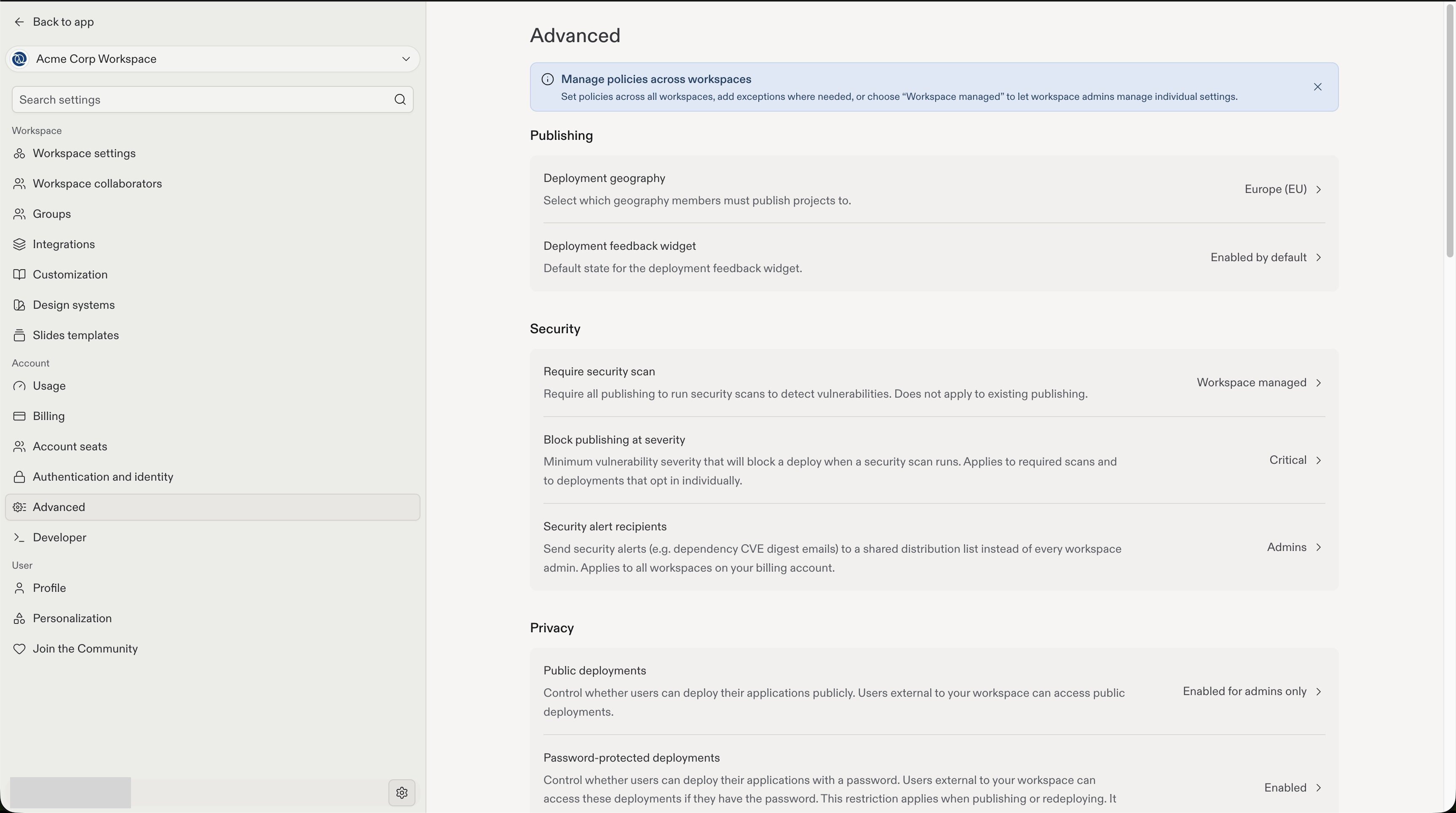 Full Advanced settings page and navigation, showing account publishing, security, and privacy policies