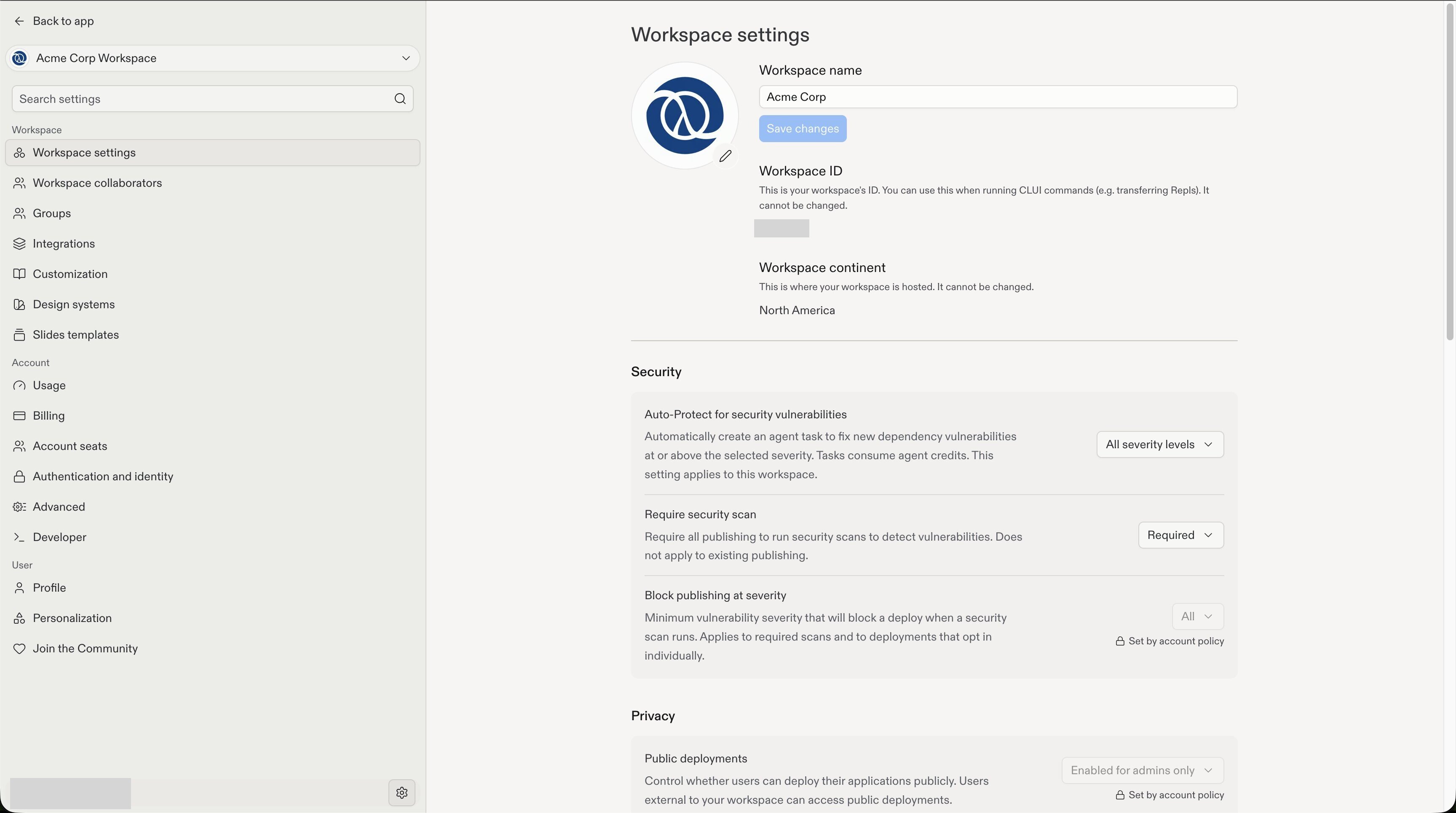 Full Workspace settings page and navigation, with editable security controls and publishing controls locked by account policy