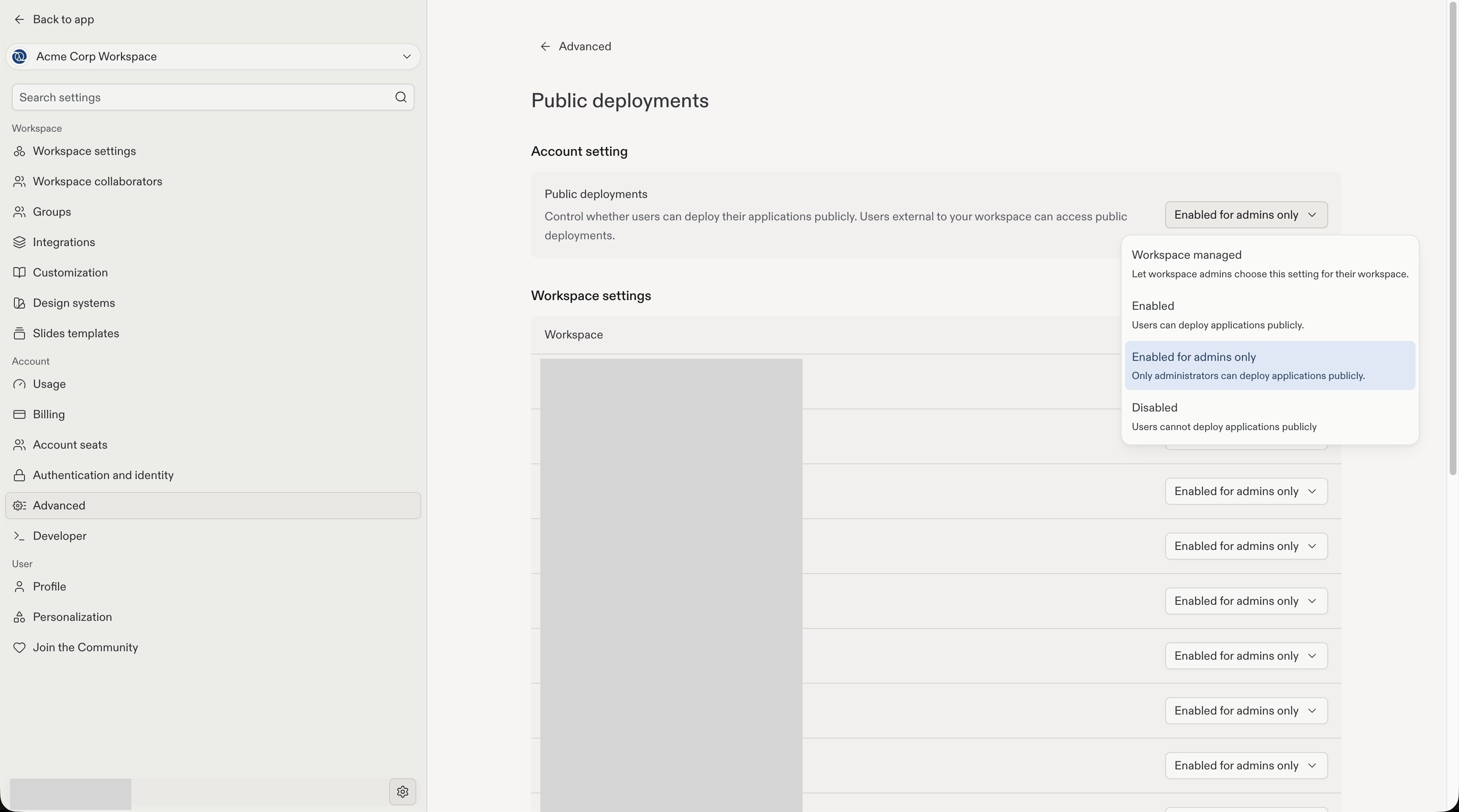 Full Public deployments settings page with the account dropdown open and Workspace exceptions below it