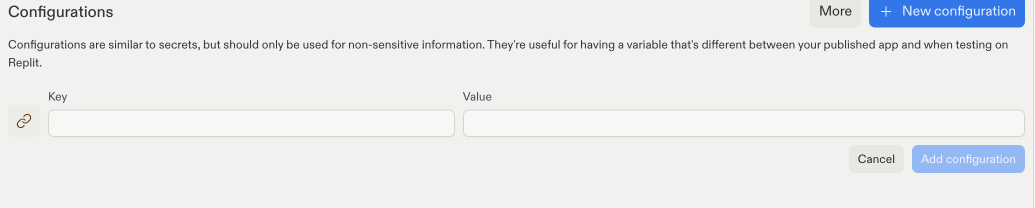 Configurations section with empty Key and Value fields and an Add configuration button