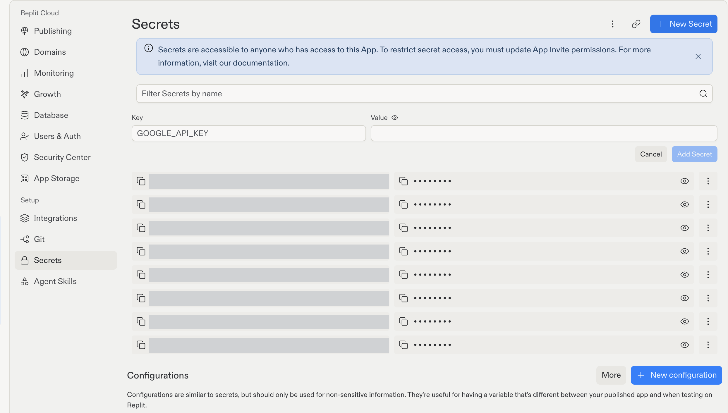 New Secret form with GOOGLE_API_KEY as an example key, an empty Value field, and the Add Secret button