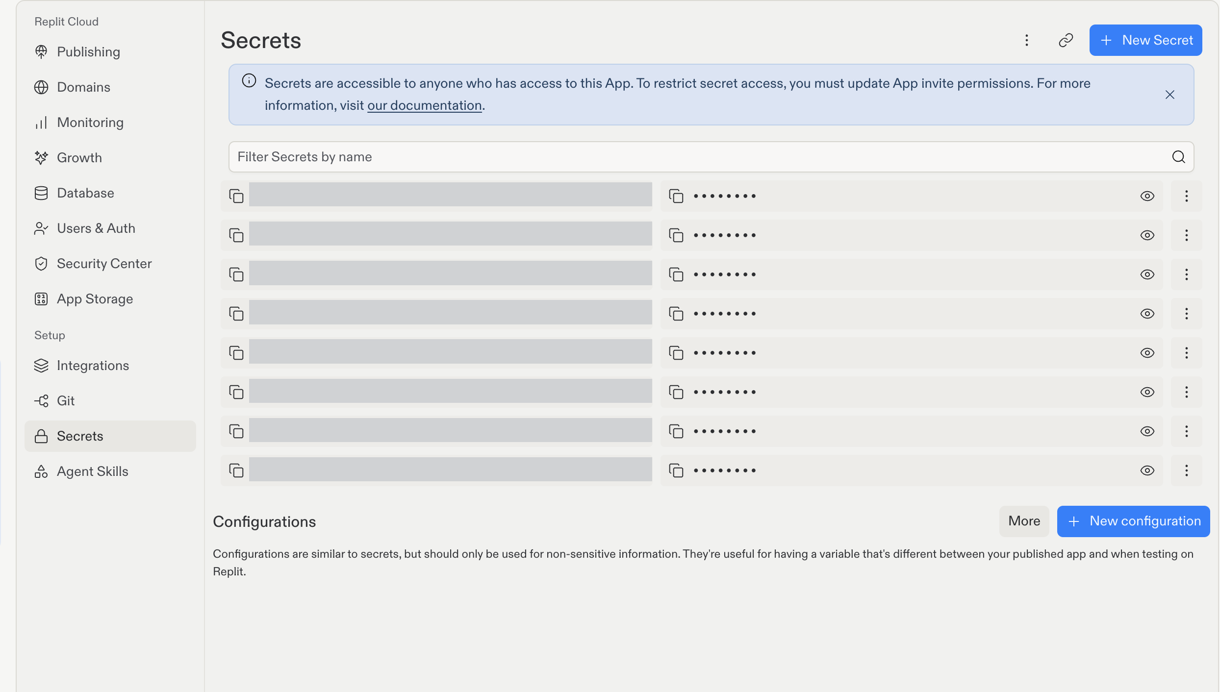 Secrets tool showing masked secret values and a separate Configurations section for non-sensitive information