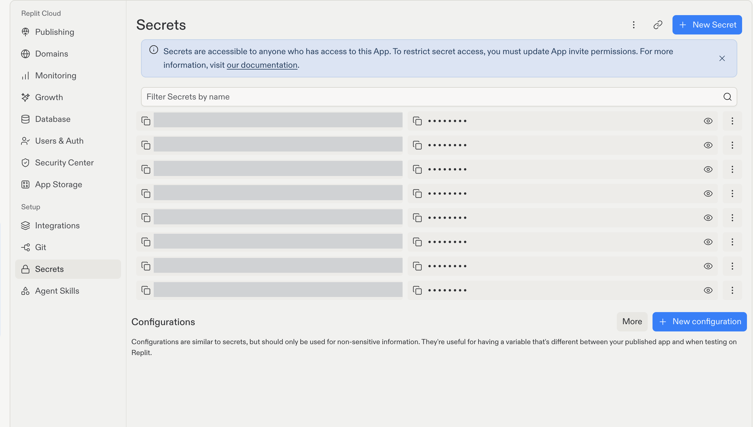 Secrets tool showing masked secret values and a separate Configurations section for non-sensitive information