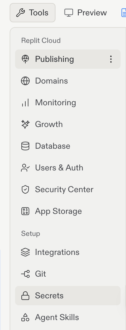 Project Editor tools pane with the Tools button at the top and Secrets under the Setup heading