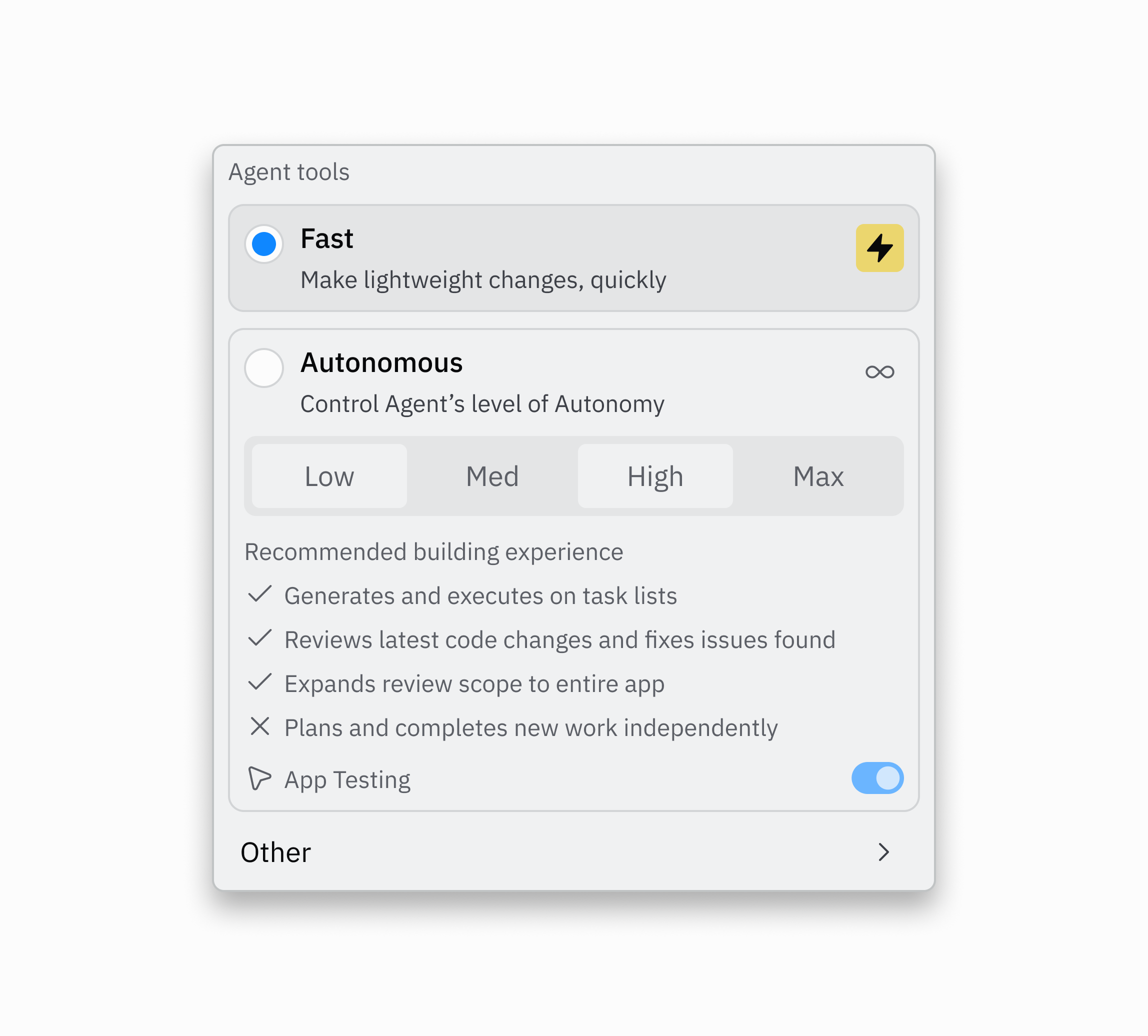 Agent Tools panel showing Fast mode option with 'Make lightweight changes, quickly' description and Autonomous option below with autonomy level controls