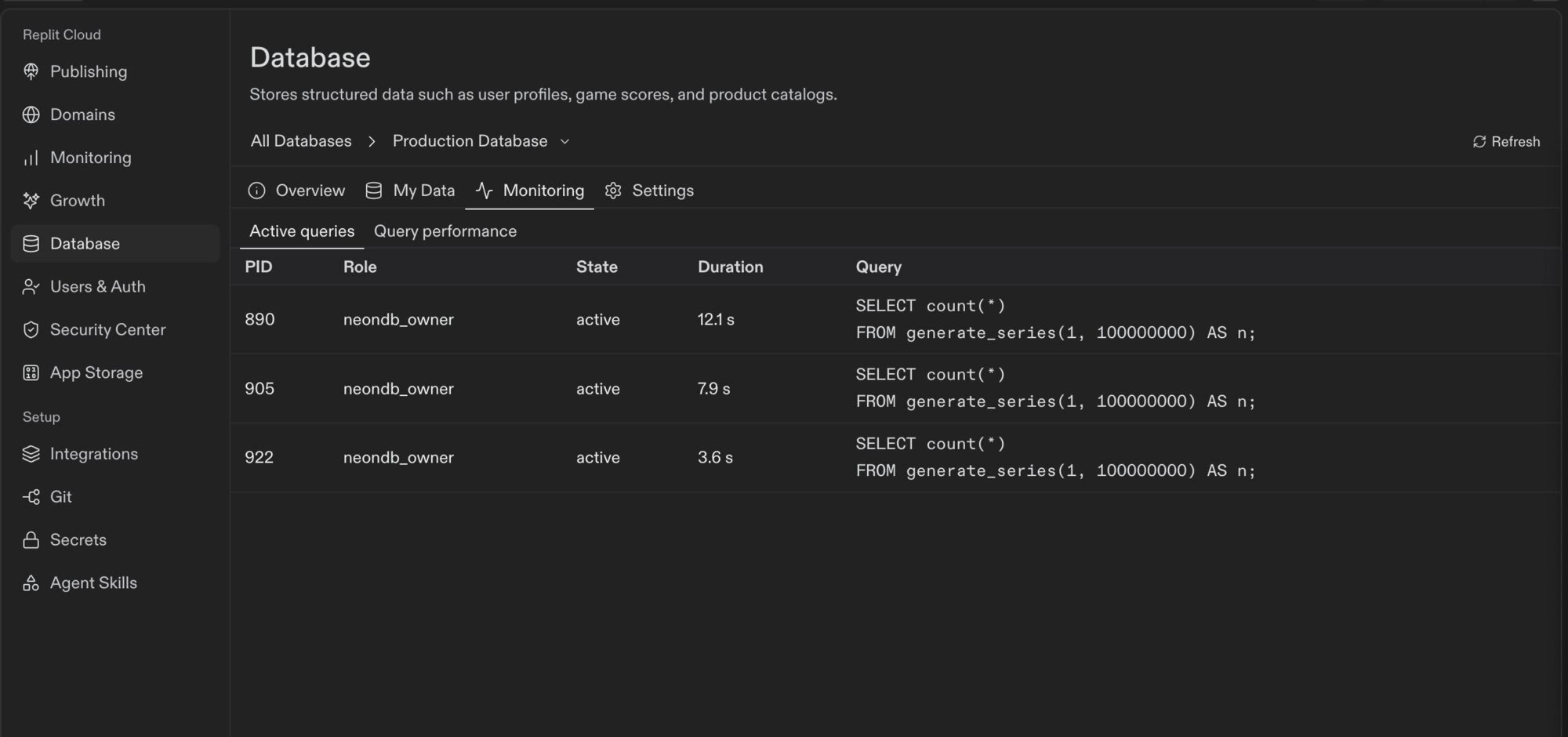 Active queries showing three running queries with their PID, role, state, duration, and SQL