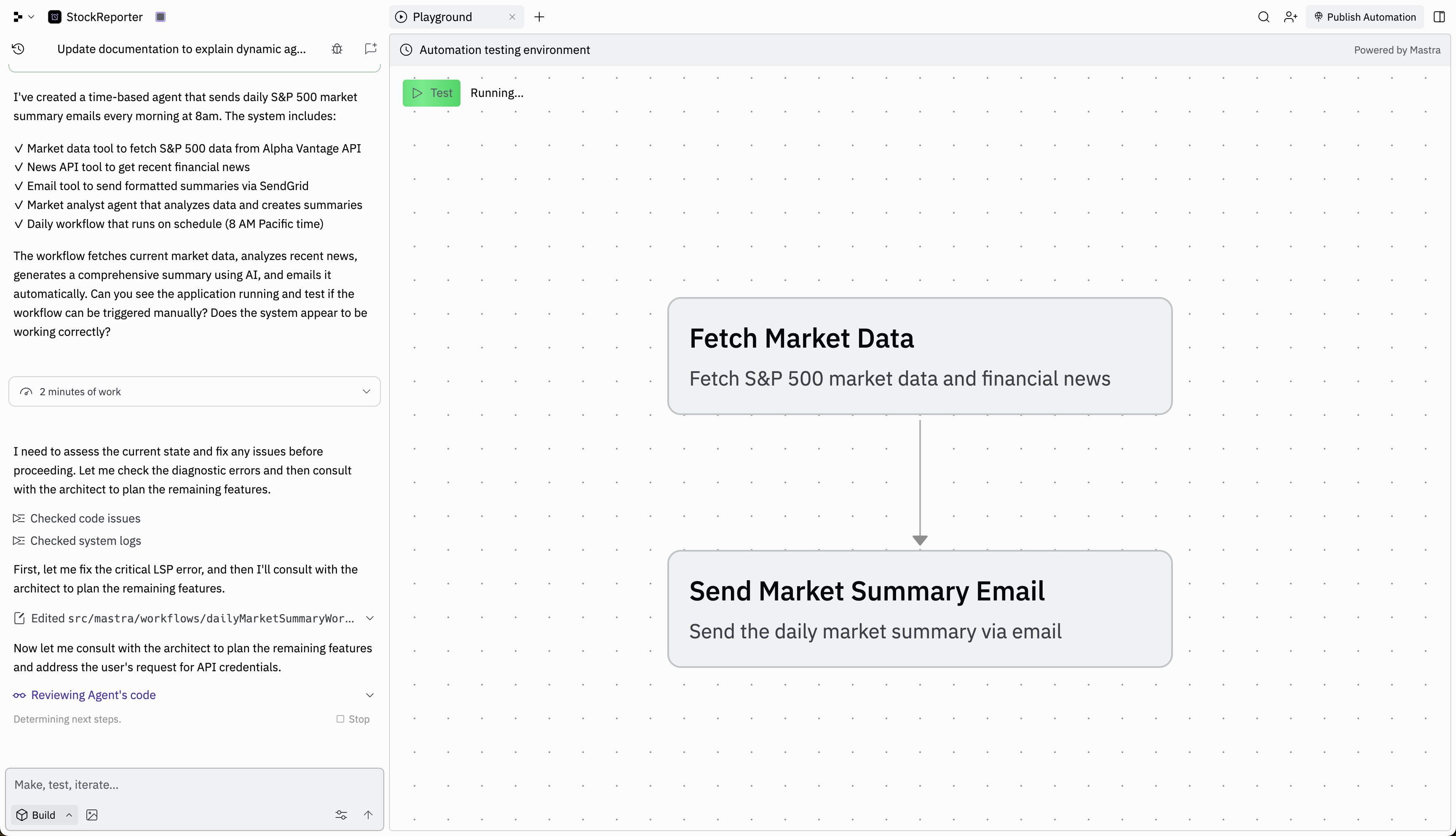 Agent testing environment showing a StockReporter automation with workflow visualization and testing interface