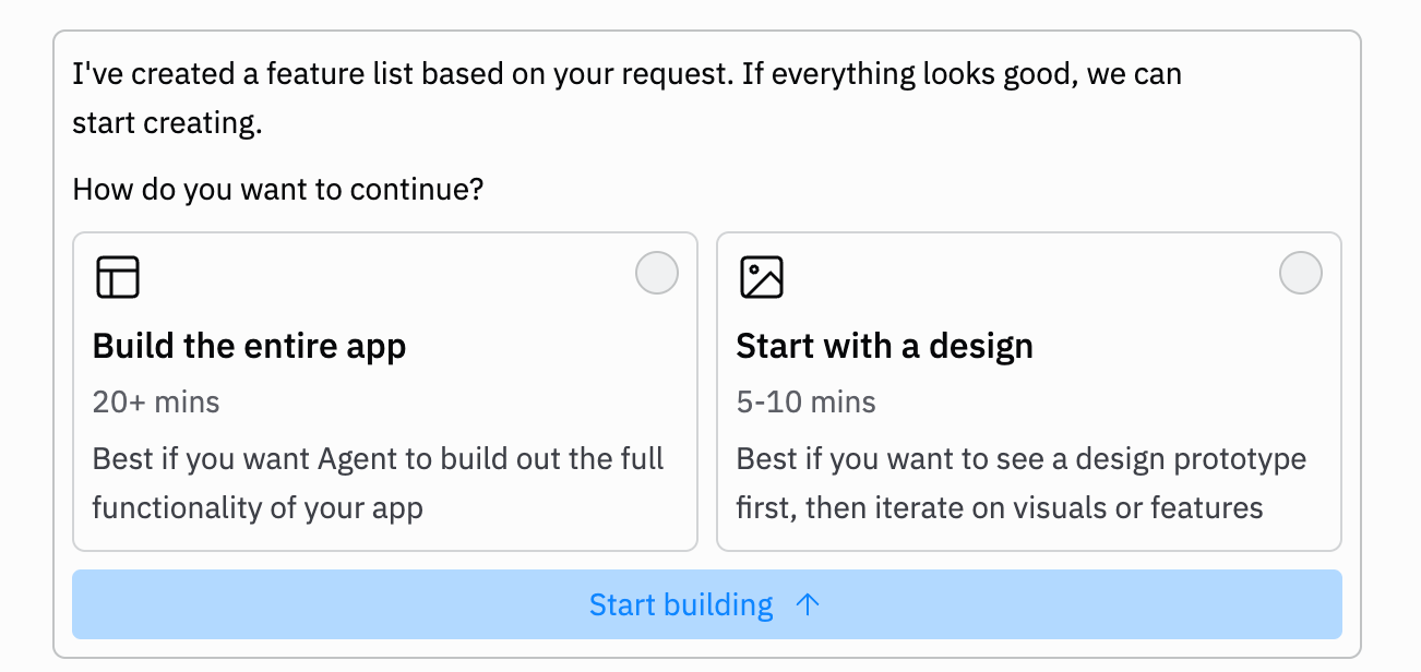 Agent build mode selection interface showing 'Build the full app' and 'Start with a design' options