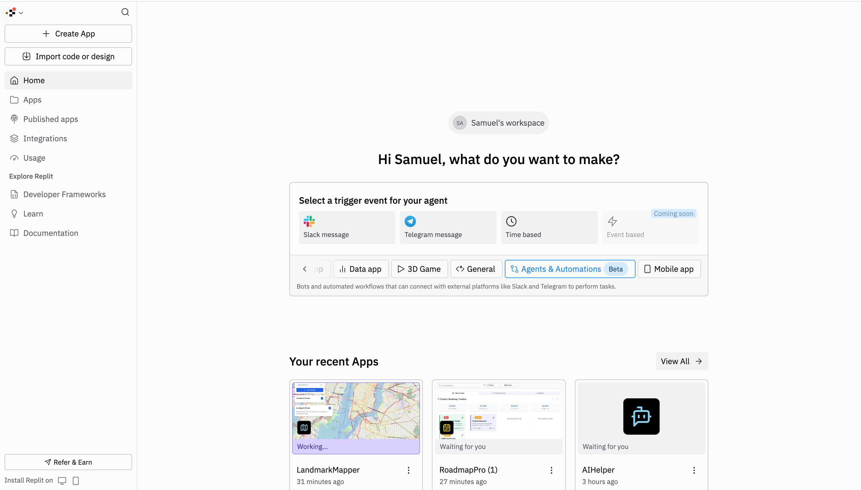 Replit homepage showing Agents & Automations selection