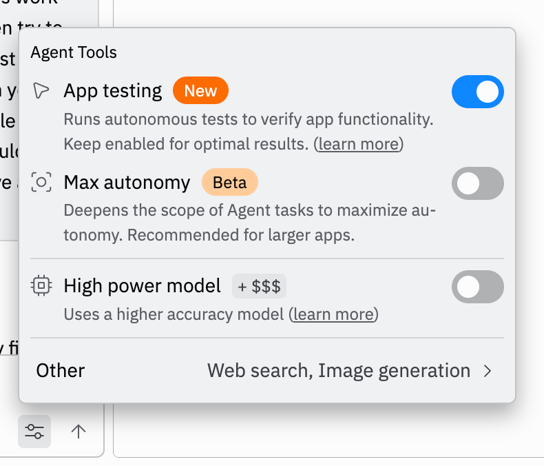 Agent Tools panel showing App Testing toggle enabled