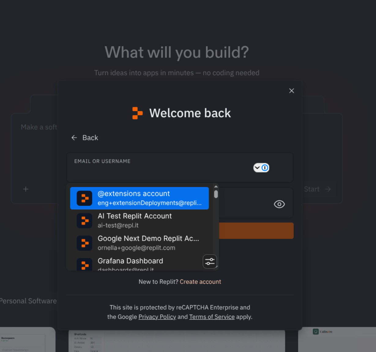 Password manager navigation dropdown showing keyboard navigation between email field and saved accounts