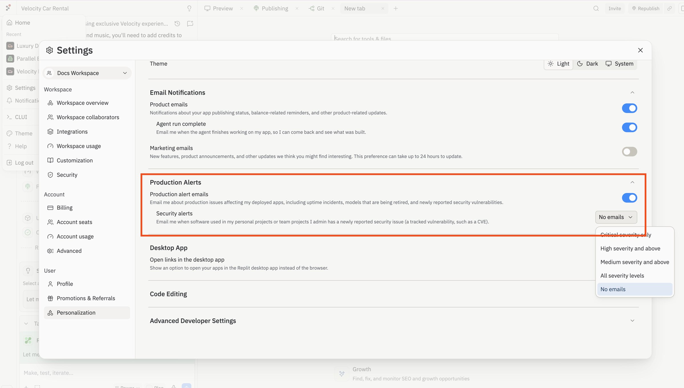 The Production Alerts section in notification settings, with a red rectangle highlighting the production alert emails toggle and the security alerts severity dropdown