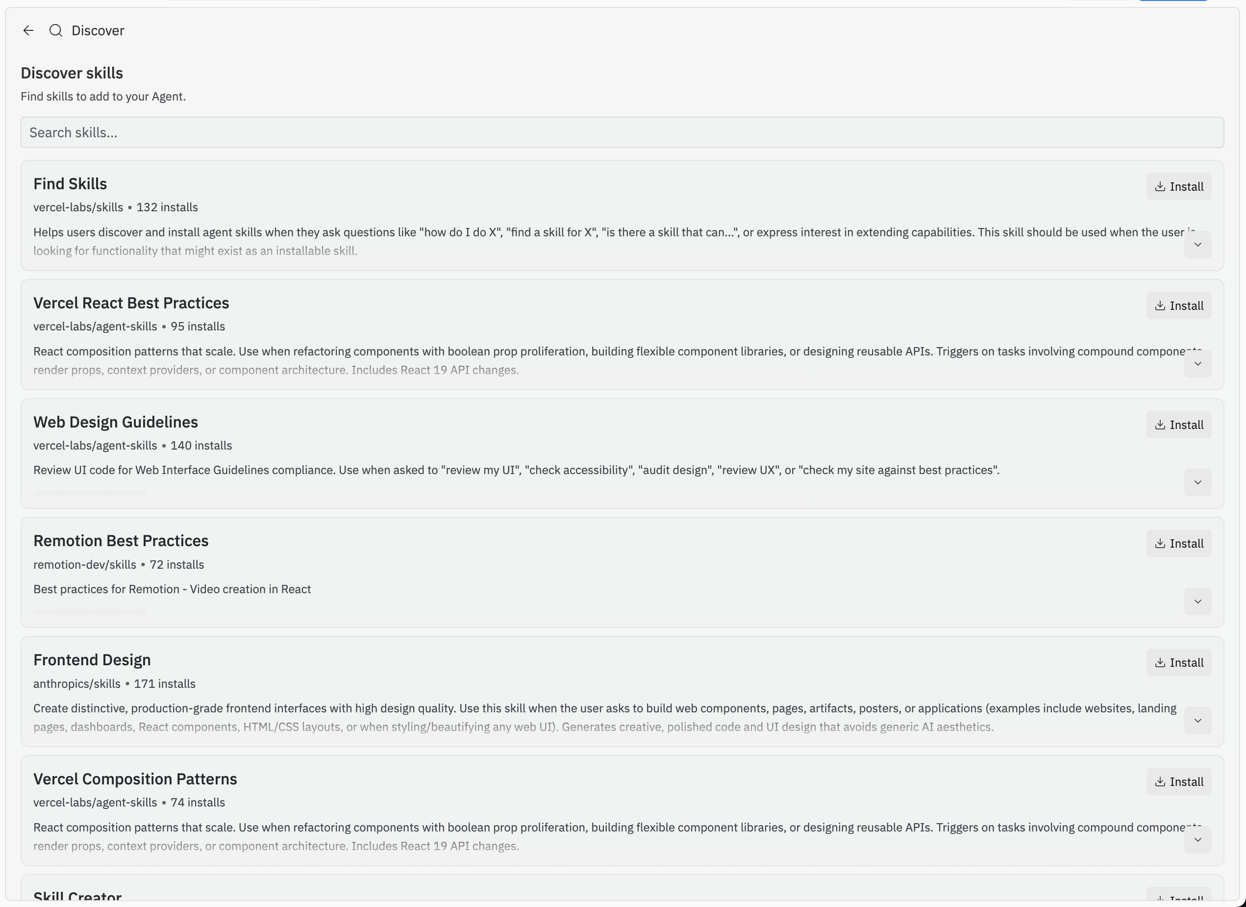 Discover skills tab showing searchable community-contributed skills with install buttons
