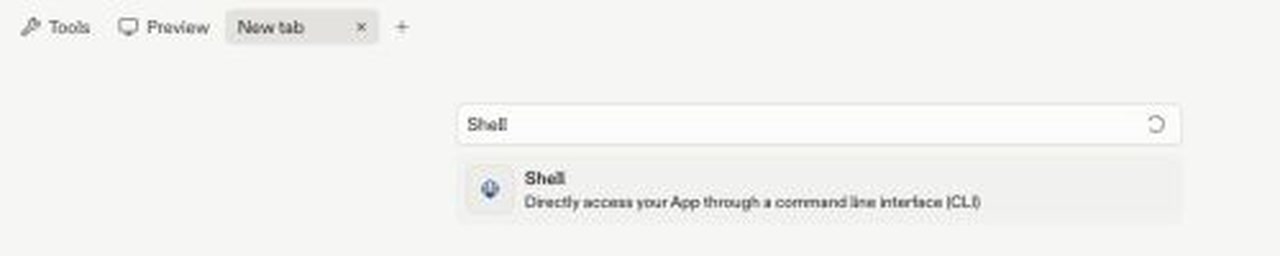 Tools and files search field containing Shell with the Shell result