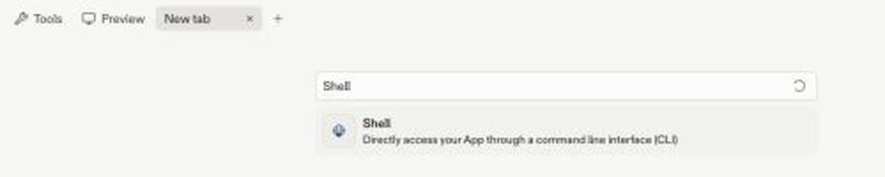 Tools and files search field containing Shell with the Shell result