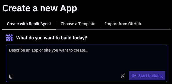 image of the Create with Replit Agent tab