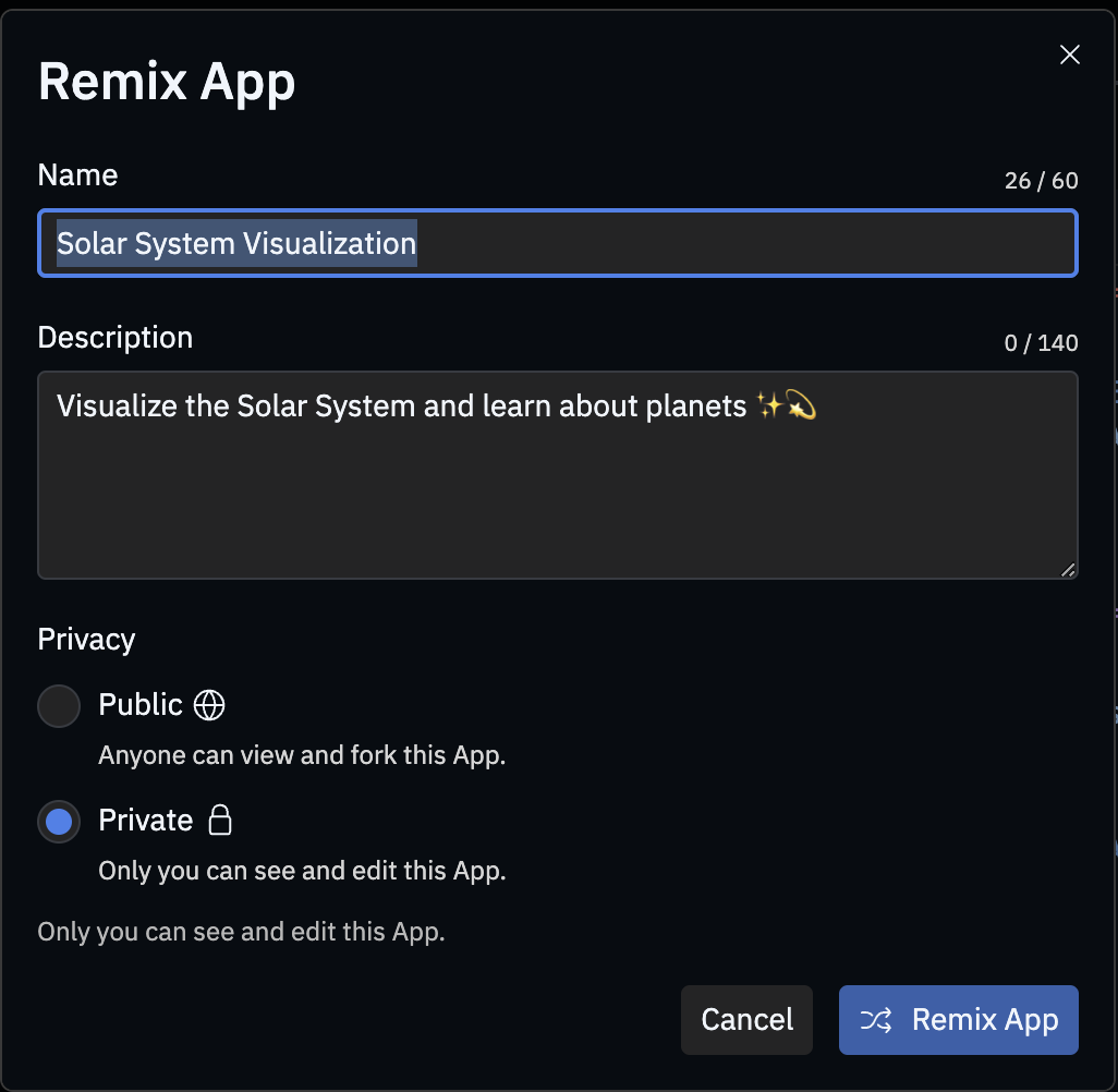 image of the Remix App dialog