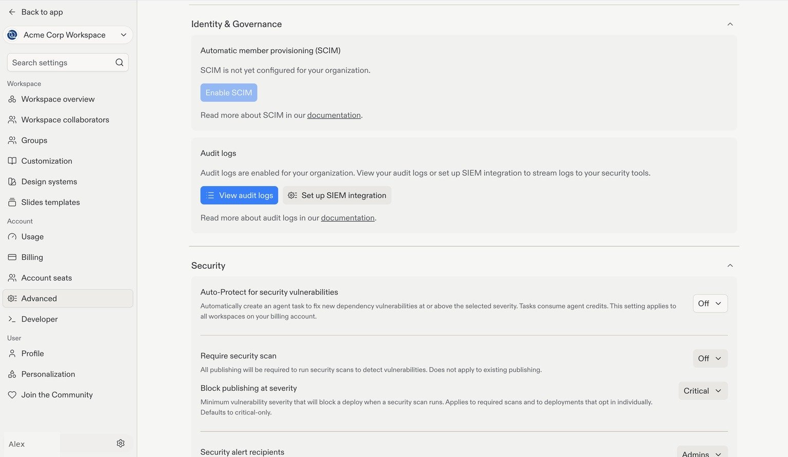 Advanced settings showing the Audit logs card with View audit logs and Set up SIEM integration buttons.